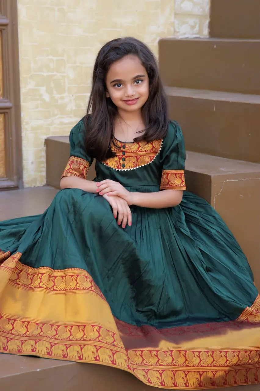 Fairy Look Jacquard Work Green Color Gown For Girls