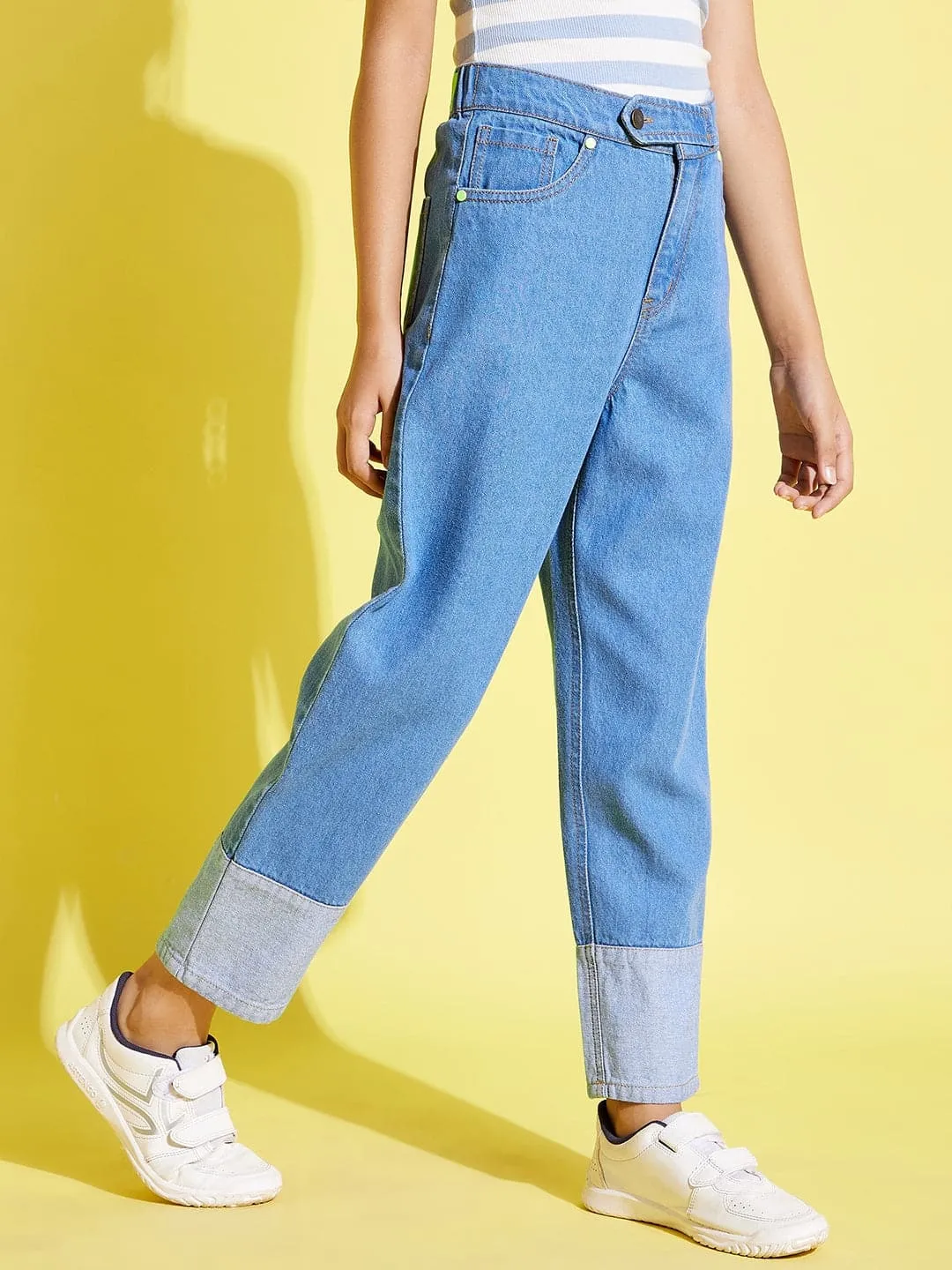 Girls Blue Contrast Hem Carrot Jeans - Lyush Kids