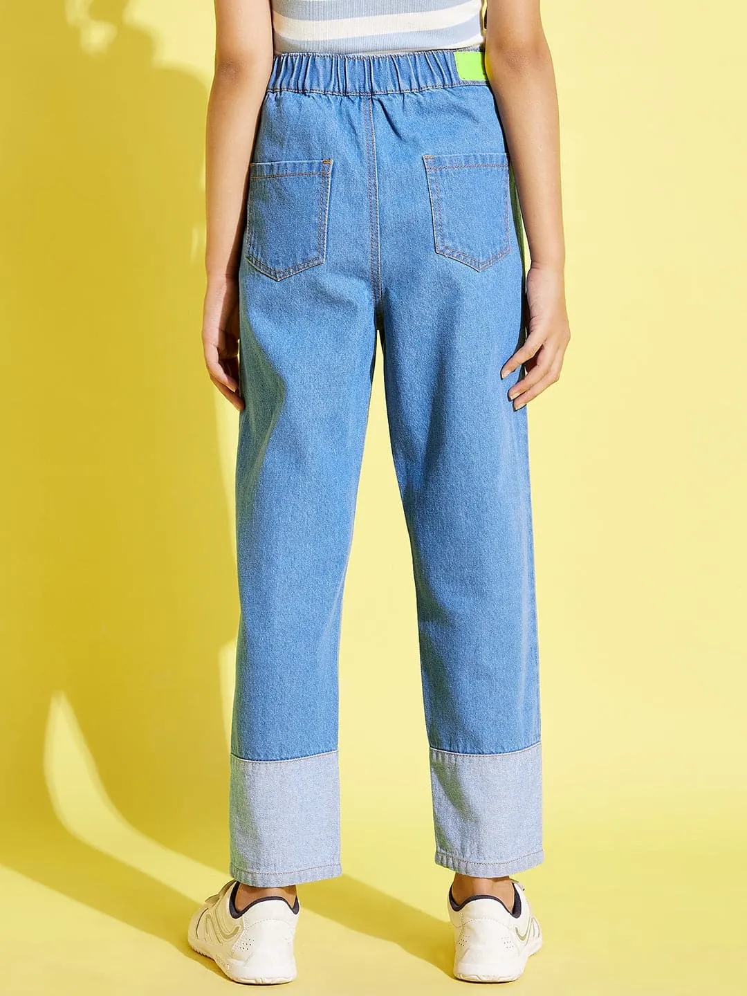 Girls Blue Contrast Hem Carrot Jeans - Lyush Kids