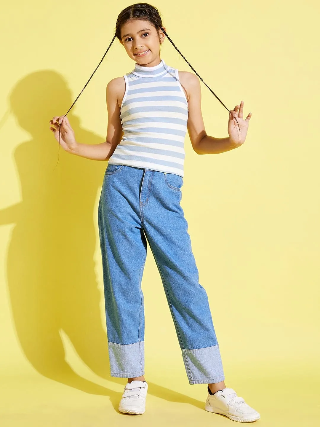 Girls Blue Contrast Hem Carrot Jeans - Lyush Kids