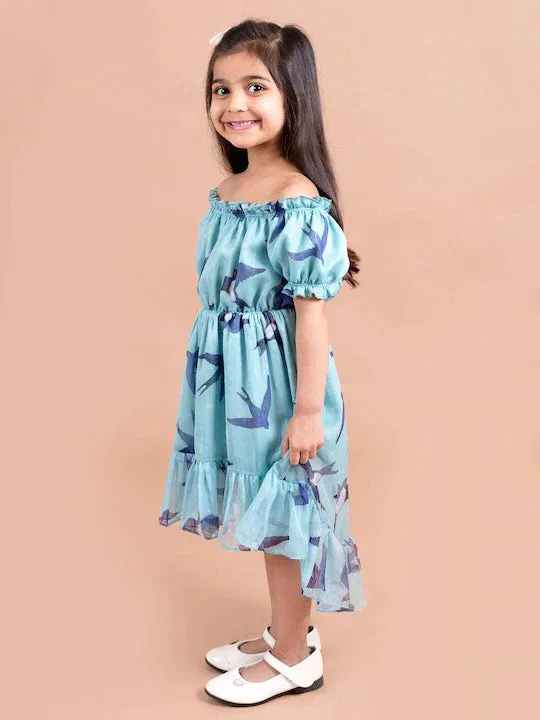 Girls Blue Conversational Printed Off-Shoulder High-Low Fit Flare Dress - Ps Peaches