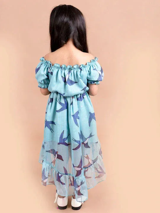 Girls Blue Conversational Printed Off-Shoulder High-Low Fit Flare Dress - Ps Peaches