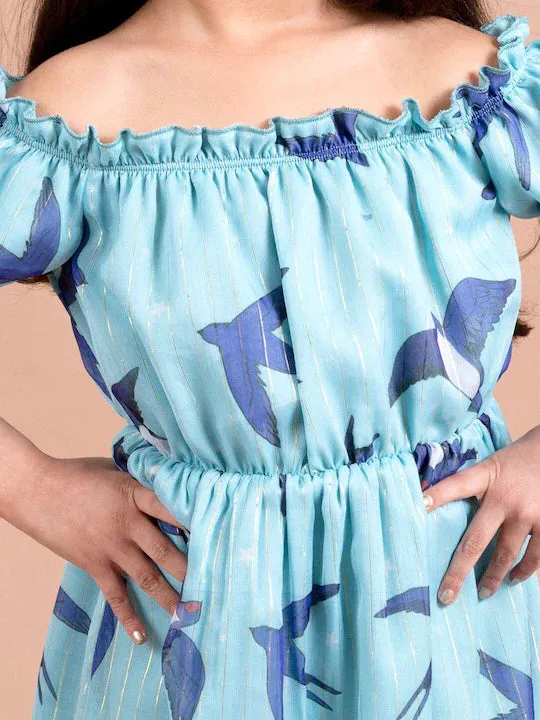 Girls Blue Conversational Printed Off-Shoulder High-Low Fit Flare Dress - Ps Peaches
