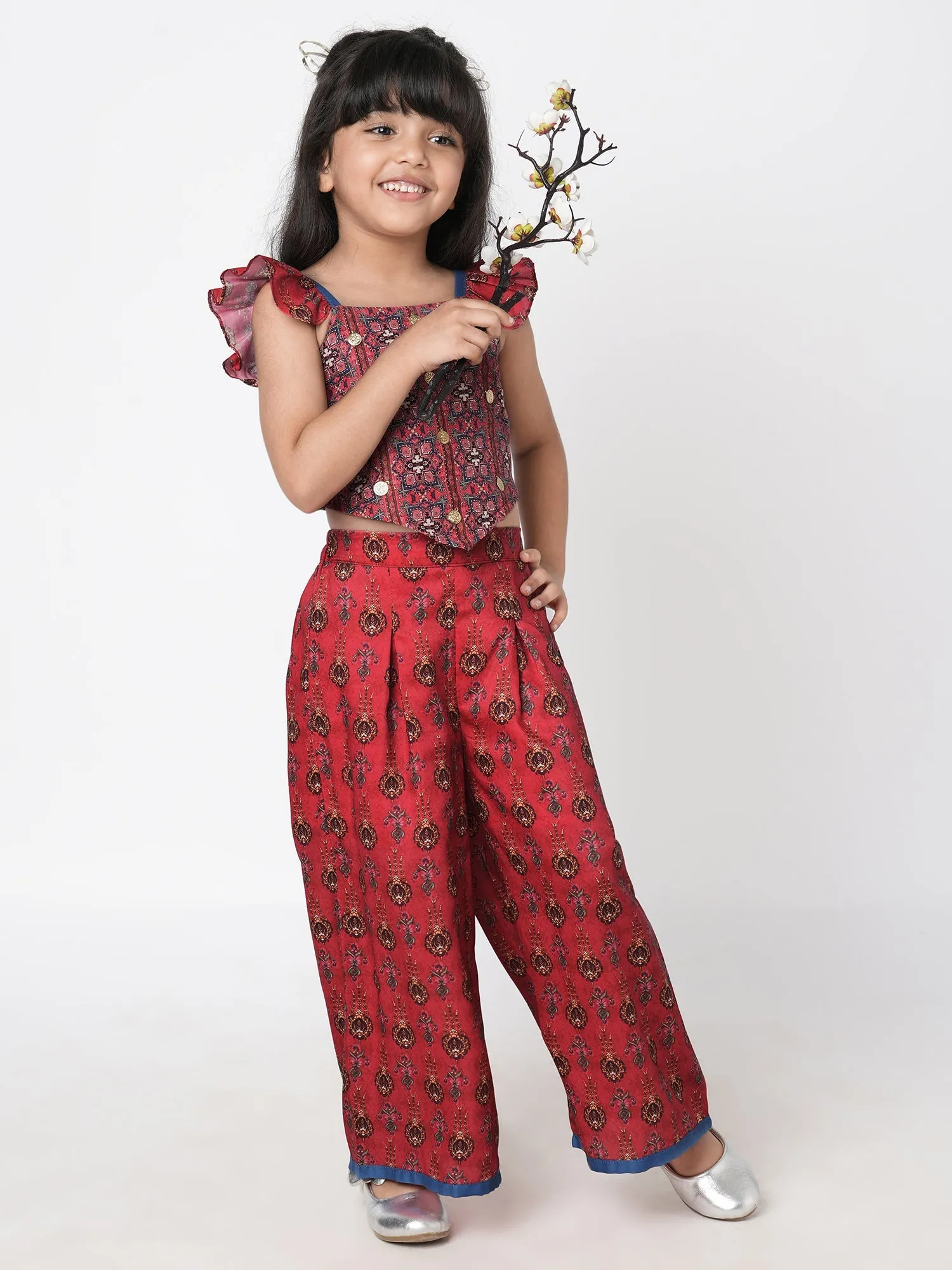 Girls Ethnic Twist Girls Red Print Box Pleat Pant With Top Co-Ordinate Set - Lil Drama