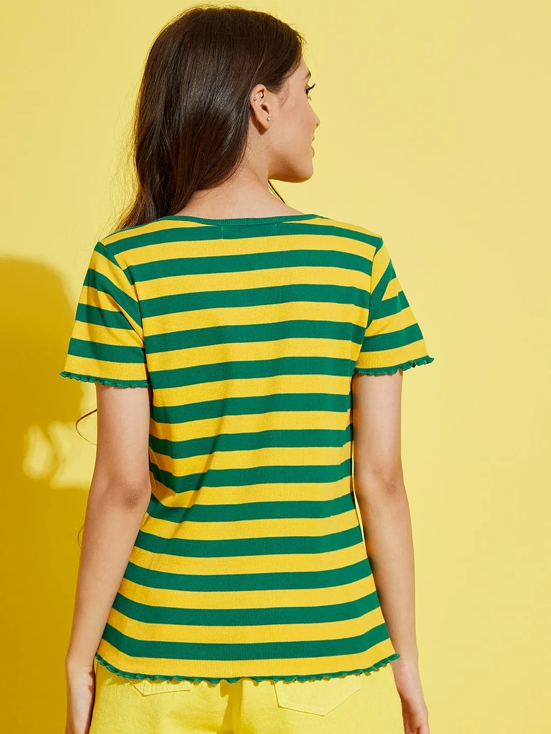 Girls Green & Yellow Stripes Rib V-Neck Top - Lyush Kids