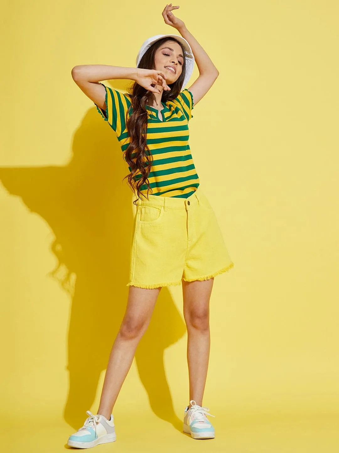 Girls Green & Yellow Stripes Rib V-Neck Top - Lyush Kids