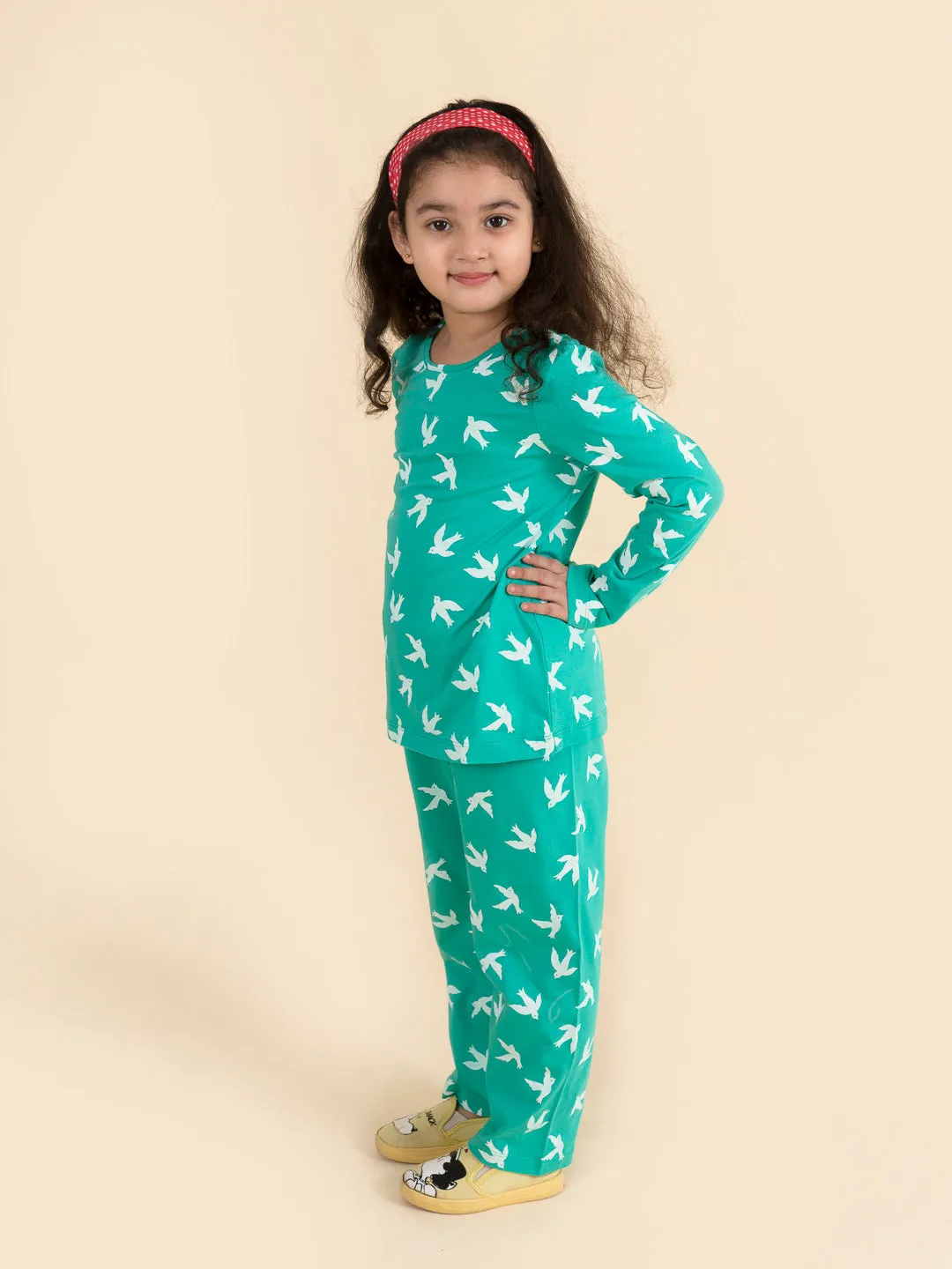 Girls Green White Bird Printed Night Suit - Ps Peaches
