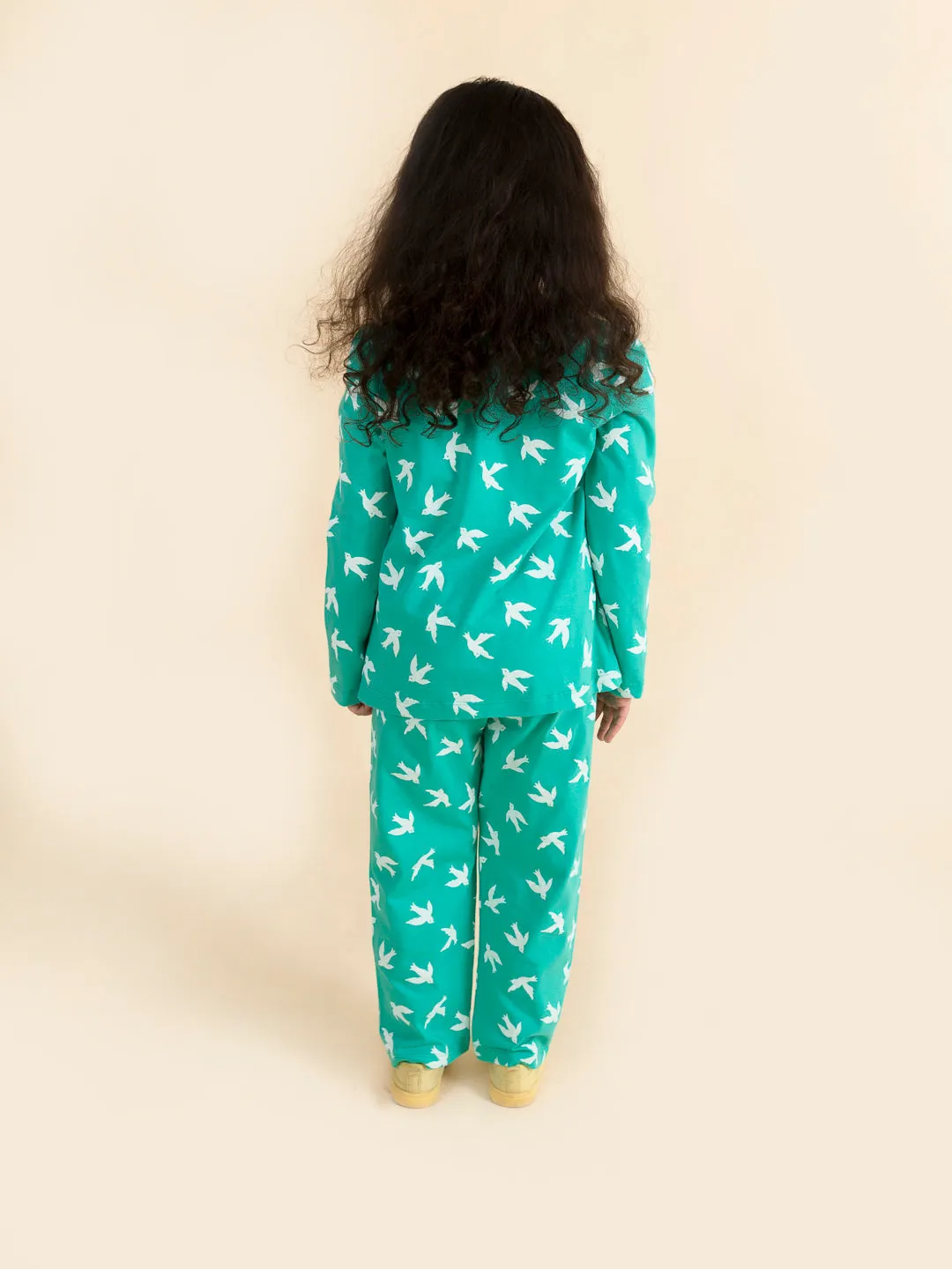 Girls Green White Bird Printed Night Suit - Ps Peaches