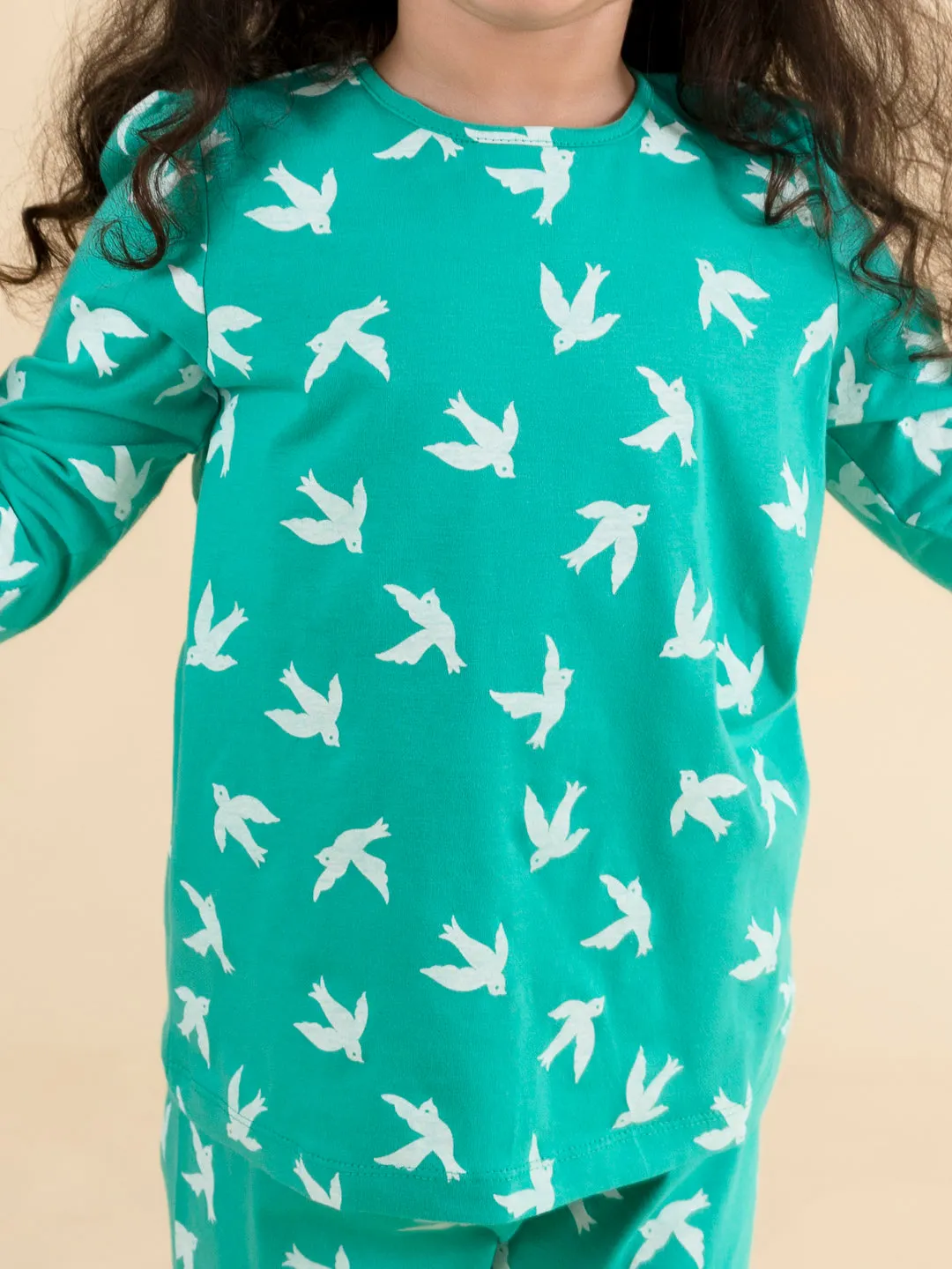 Girls Green White Bird Printed Night Suit - Ps Peaches