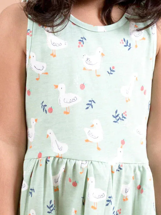Girls Green White Printed Dress - Ps Peaches