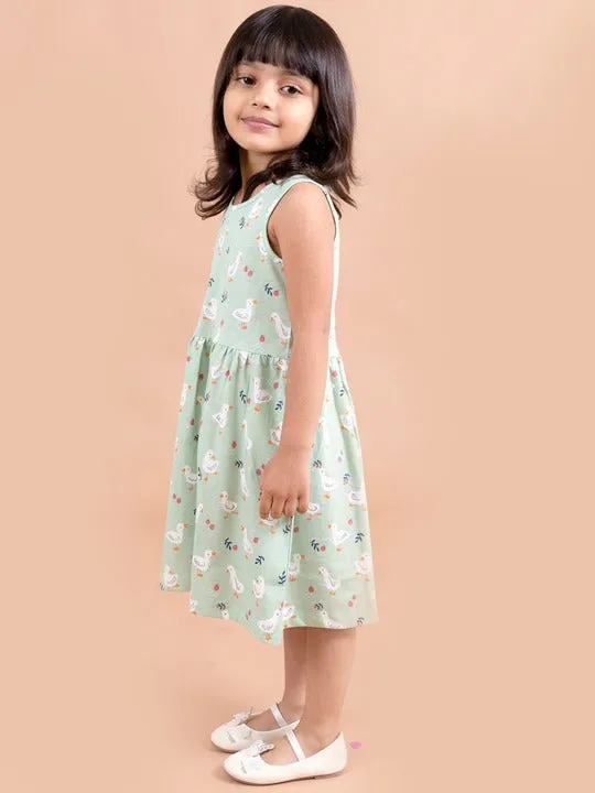 Girls Green White Printed Dress - Ps Peaches