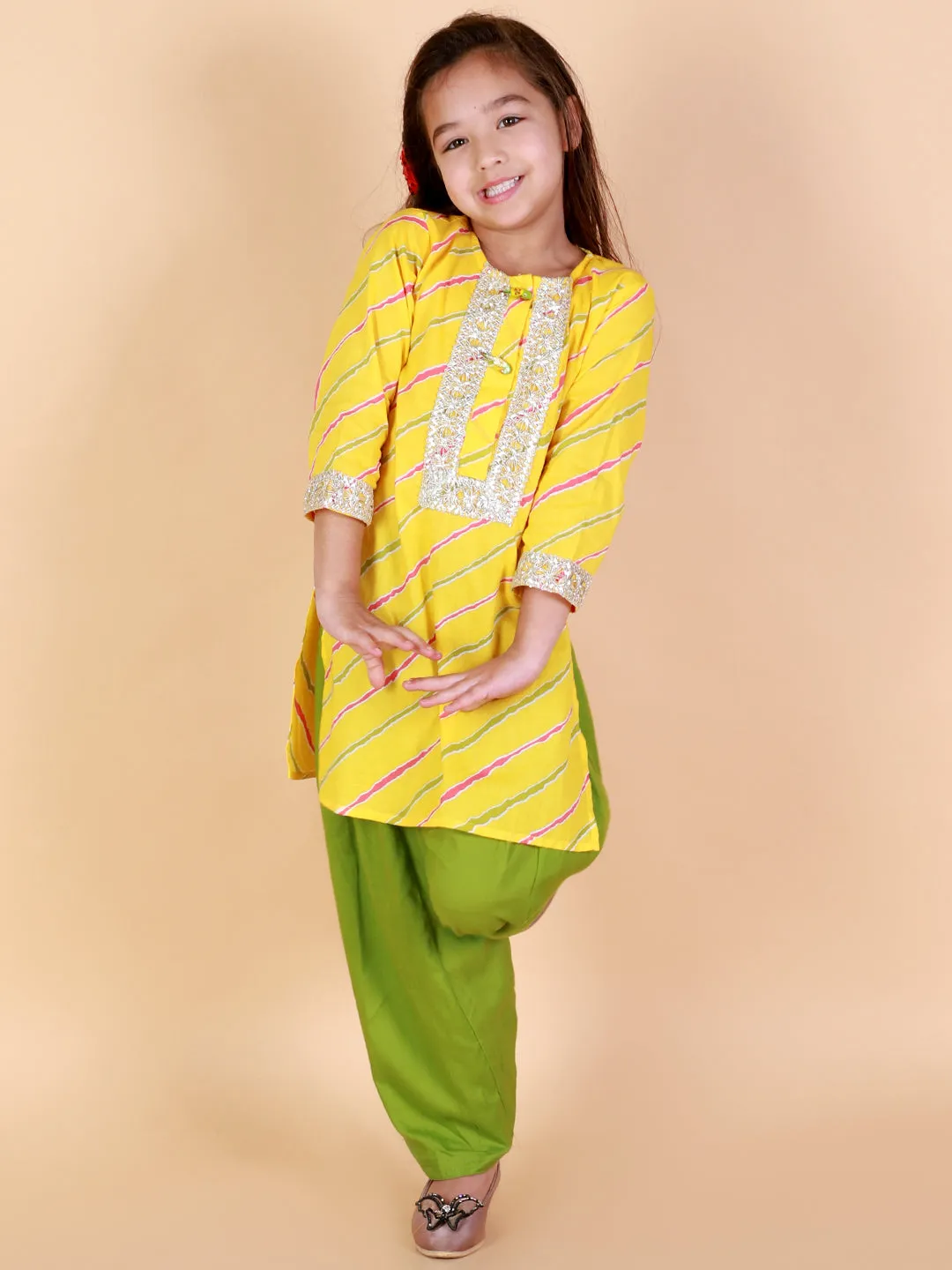 Girl's Pure Cotton  Leheriya Print Ankle Length Kurta & Salwar Set -KID1 Girls