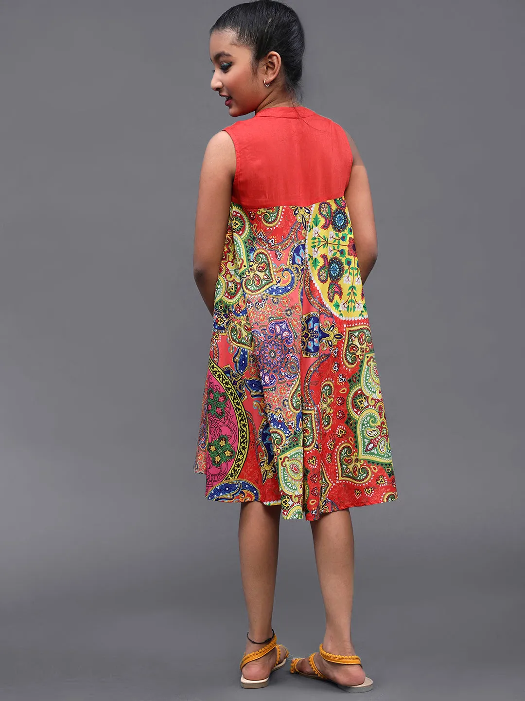 Girl's Red & Blue Abstrac Printed Short A-Line Dress - Aks Girls