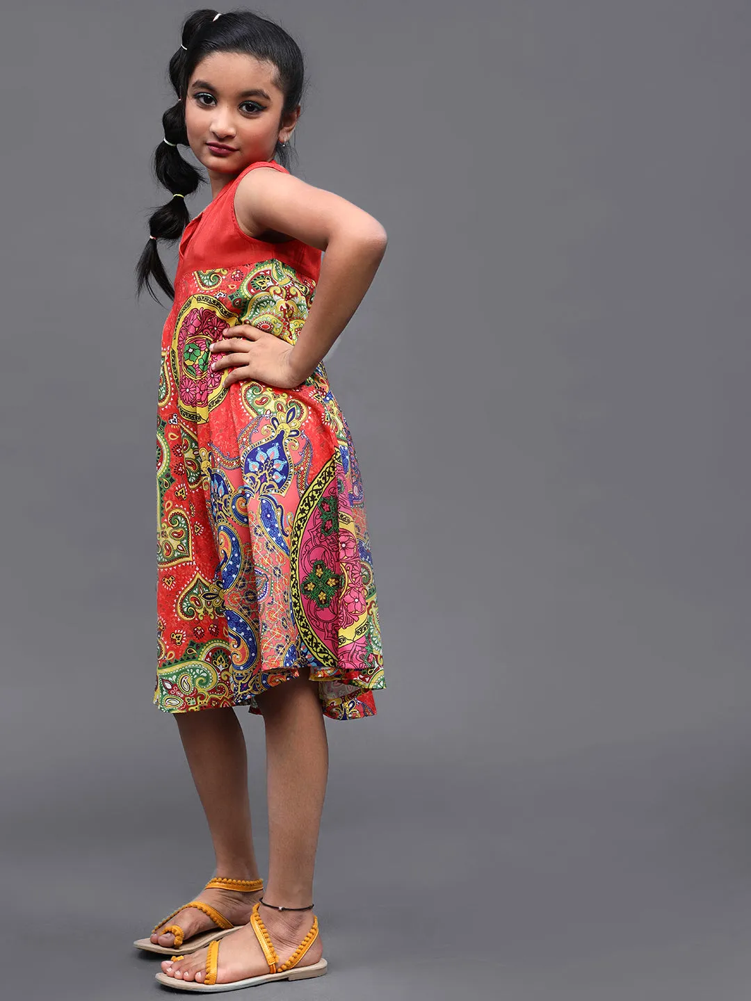 Girl's Red & Blue Abstrac Printed Short A-Line Dress - Aks Girls