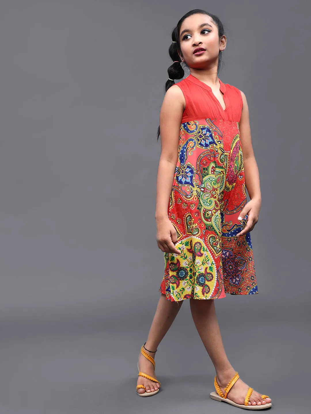 Girl's Red & Blue Abstrac Printed Short A-Line Dress - Aks Girls