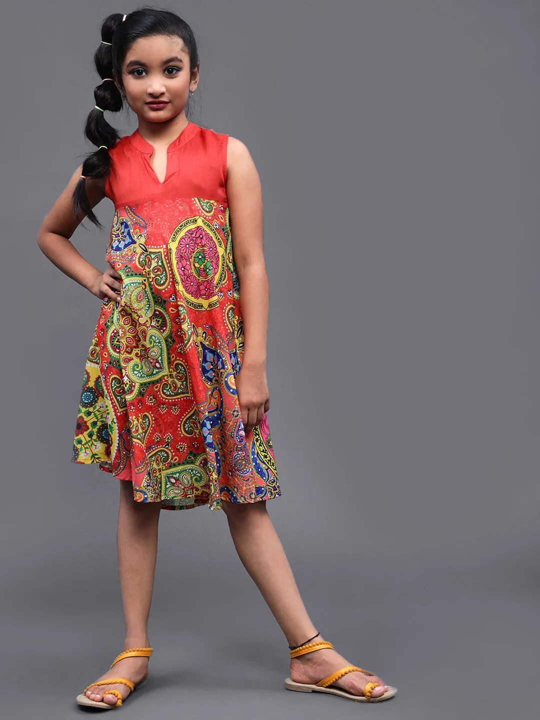Girl's Red & Blue Abstrac Printed Short A-Line Dress - Aks Girls