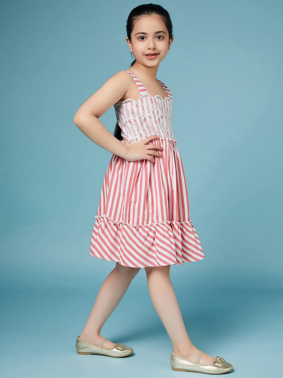 Girls Striped Lace-Up Detail Flounce A-Line Dress - Ps Peaches