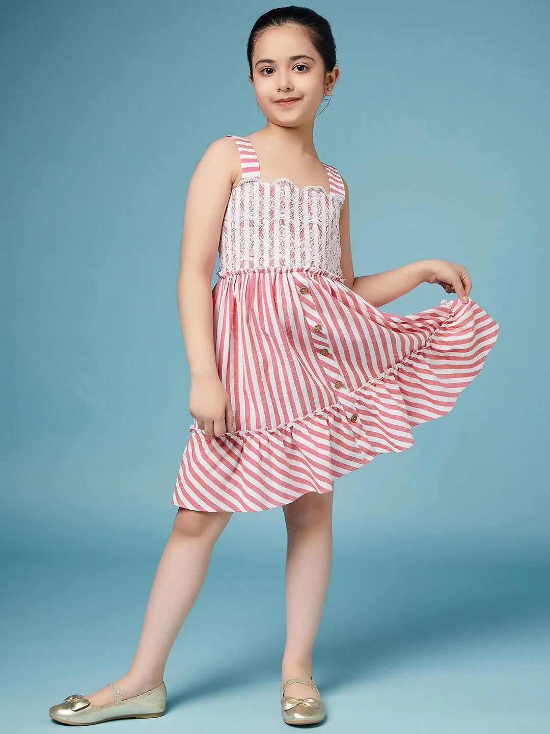 Girls Striped Lace-Up Detail Flounce A-Line Dress - Ps Peaches