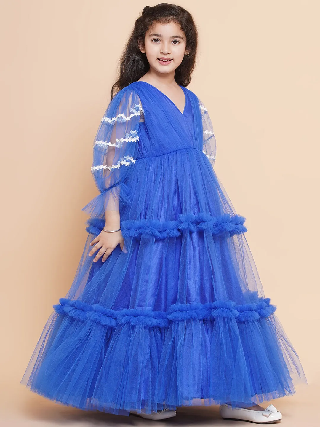 Girl's V-Neck Ruffled Detail Net Fit &  Flare Maxi Dress  - Bitiya By Bhama