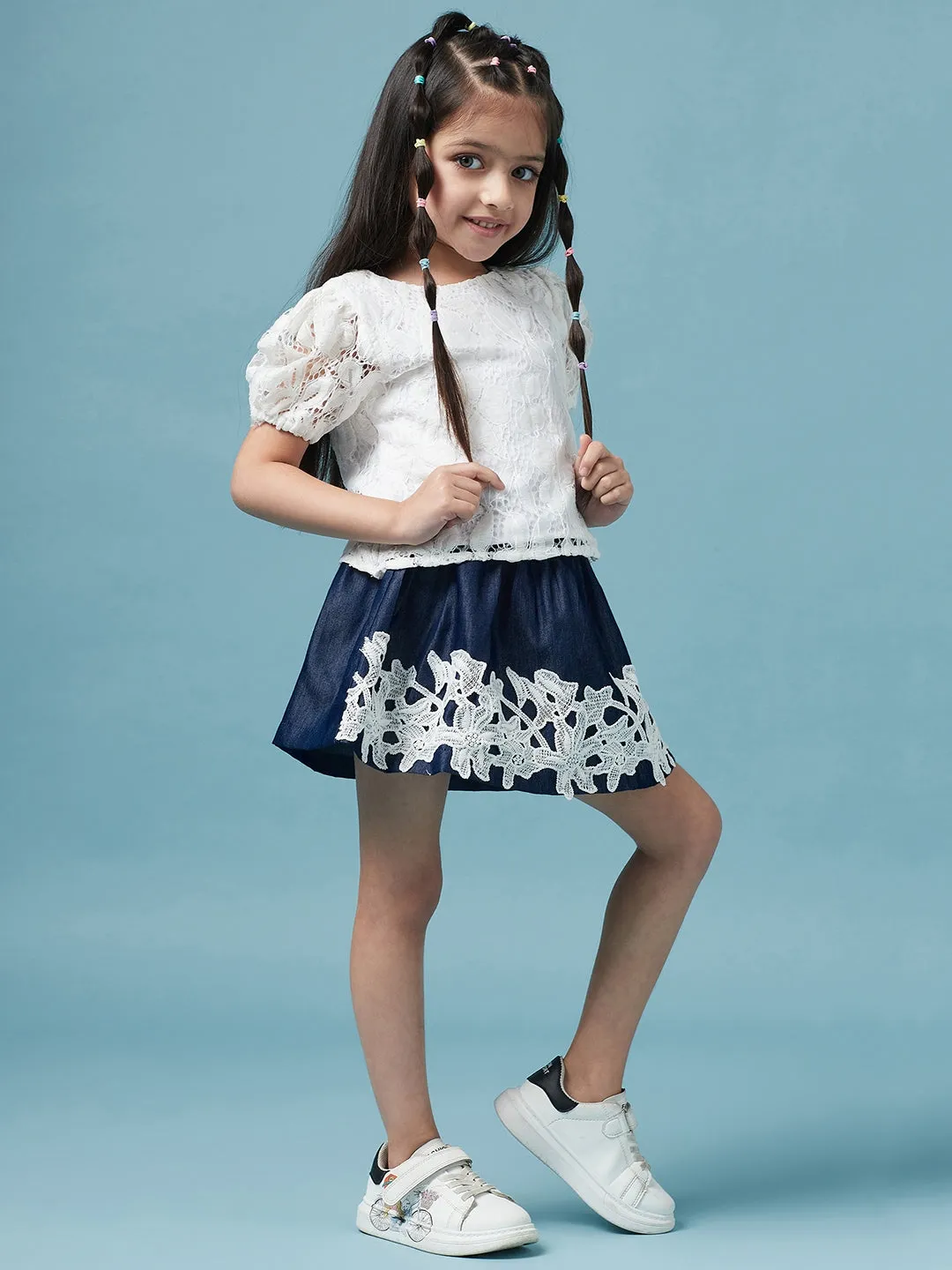 Girls White Blue Printed Top With Skirt - Ps Peaches