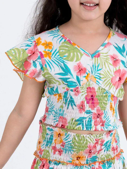 Girls White Blue Printed Top With Skirt - Ps Peaches