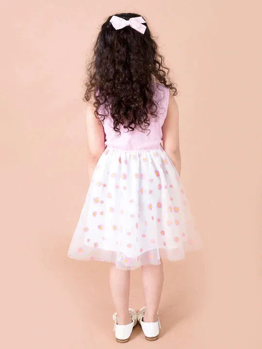 Girls White Pink Net Dress - Ps Peaches