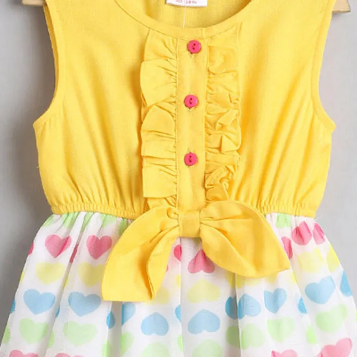 Girls Yellow White Hearts Print Net Fit And Flare Dress - Ps Peaches