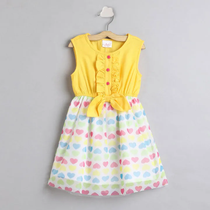 Girls Yellow White Hearts Print Net Fit And Flare Dress - Ps Peaches