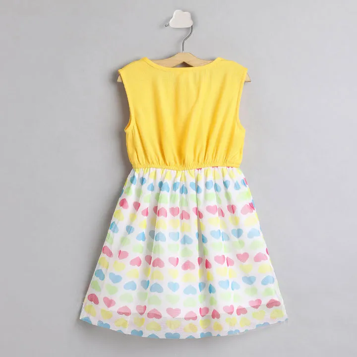 Girls Yellow White Hearts Print Net Fit And Flare Dress - Ps Peaches