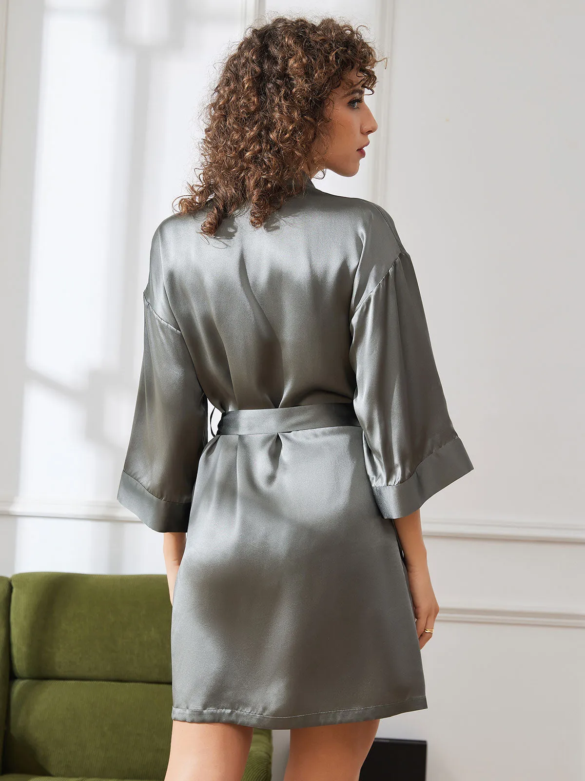 Glossy Pure Silk Short Dressing Gown For Women