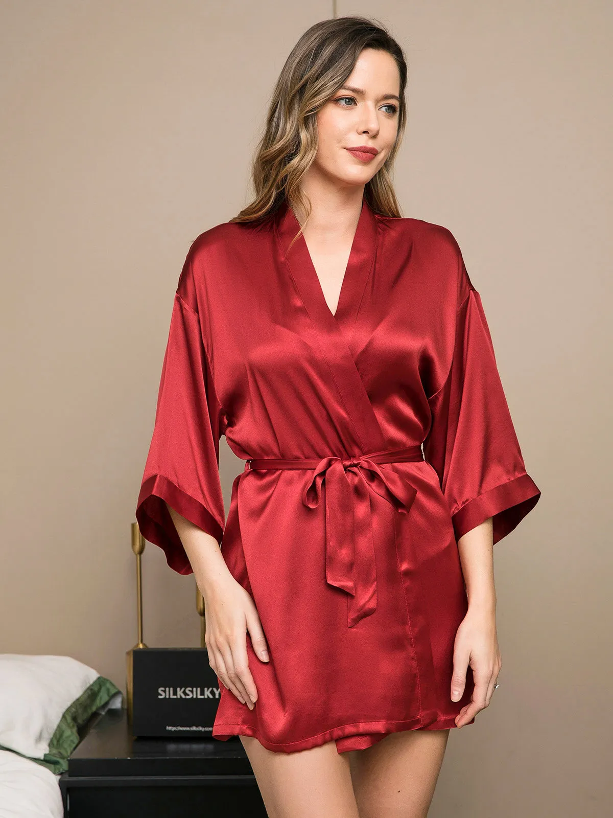 Glossy Pure Silk Short Dressing Gown For Women