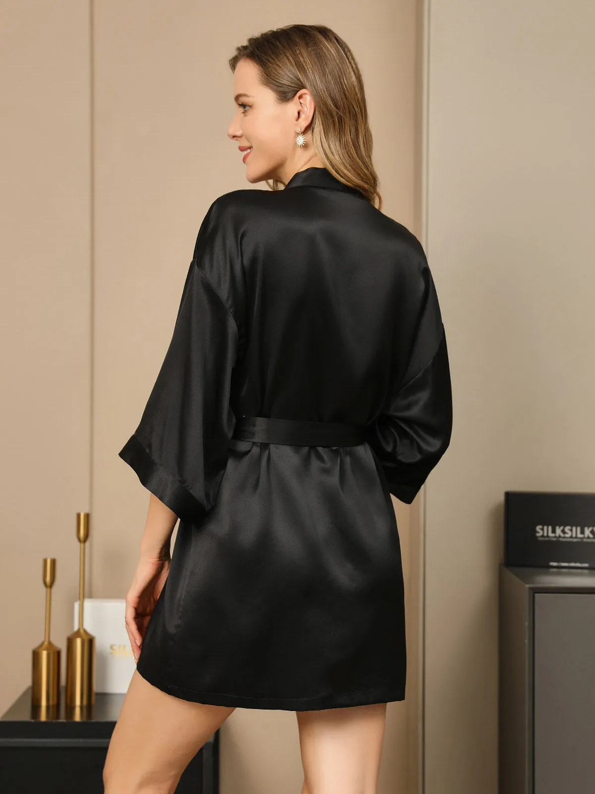 Glossy Pure Silk Short Dressing Gown For Women