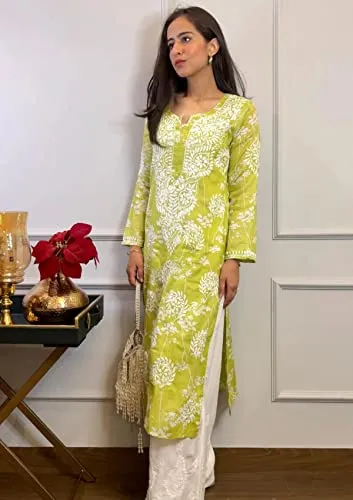 GoSriKi Women's Cotton Blend Straight Chikankari Embroidered Kurta (Zainab-Green-GS_M_Green_Medium)