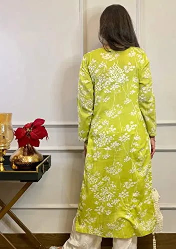 GoSriKi Women's Cotton Blend Straight Chikankari Embroidered Kurta (Zainab-Green-GS_M_Green_Medium)