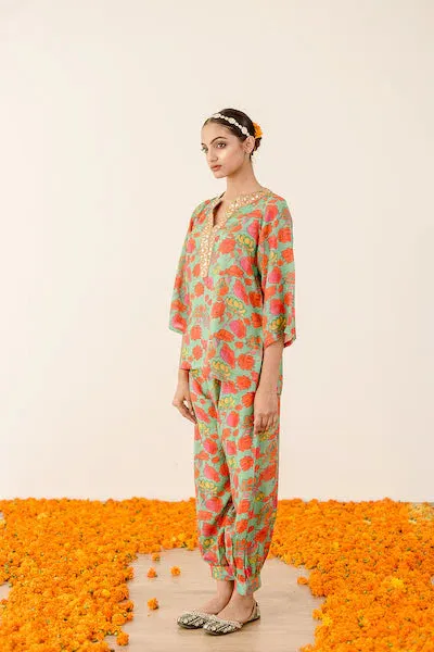 Green Floral Printed Muslin Co-Ord Set