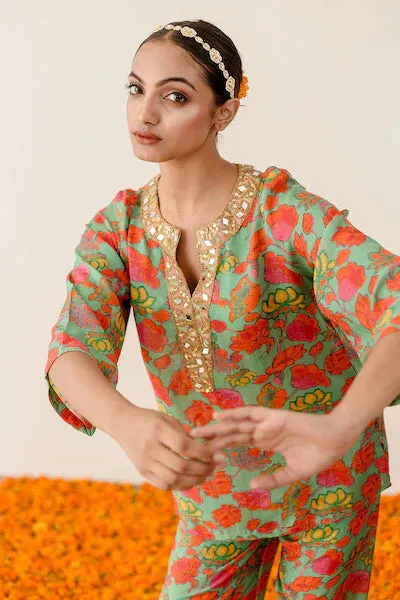 Green Floral Printed Muslin Co-Ord Set