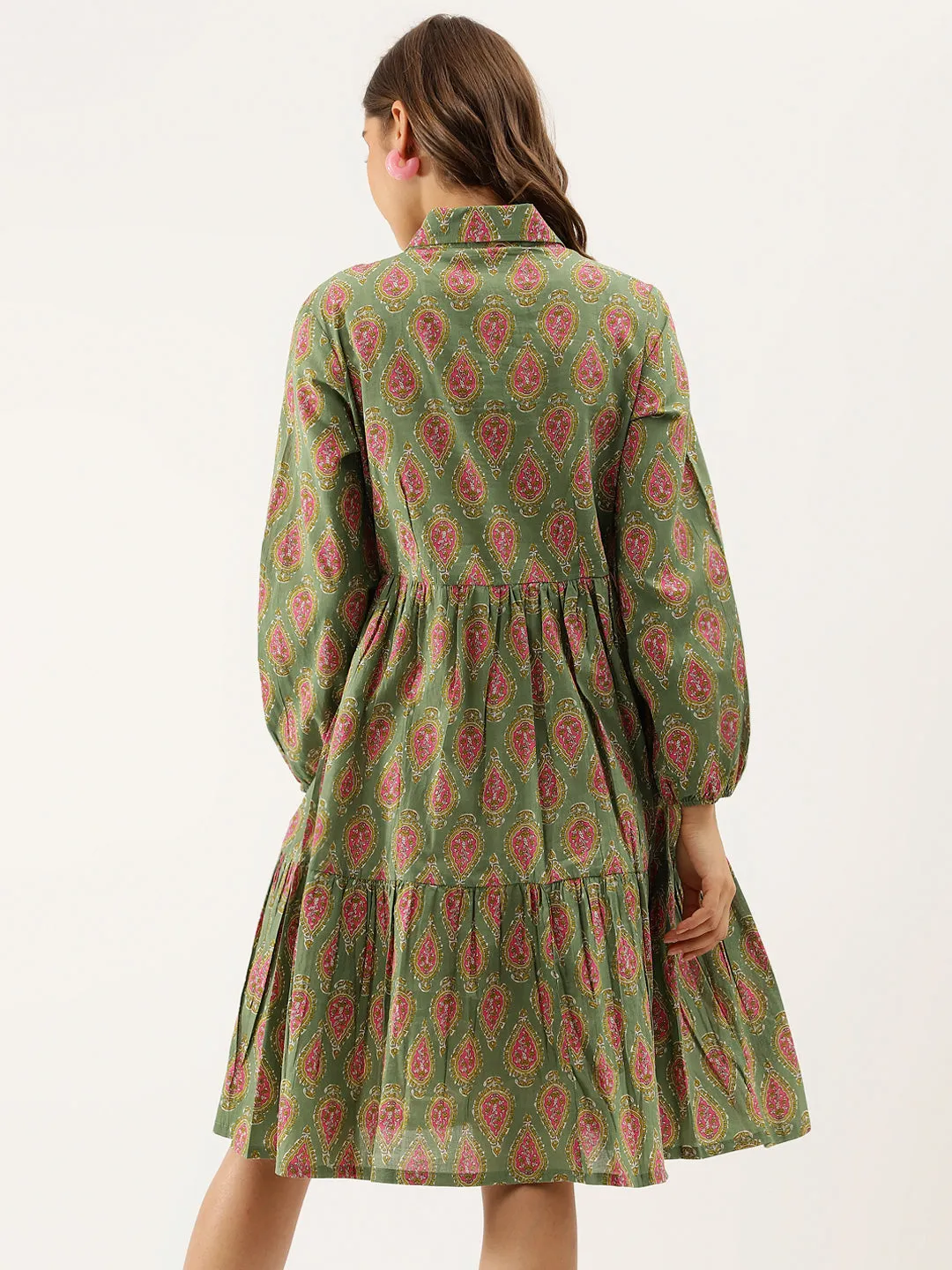 Green Paisley Printed Cotton Dress for Women