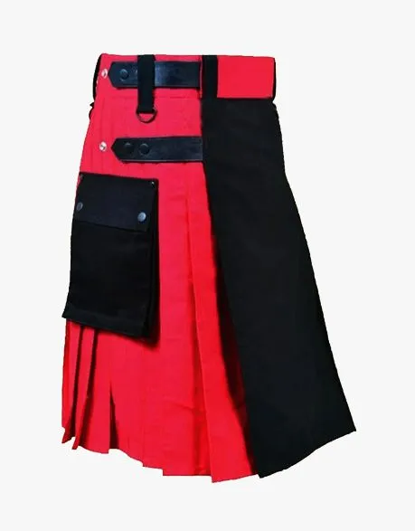 HYBRID KILT IN BLACK AND RED WITH LEATHER STRAPS