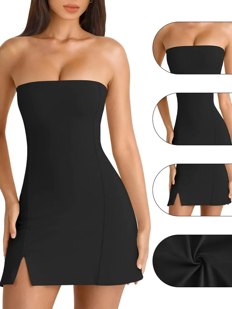 HYZ Women's Tube Strapless Sleeveless Y2K Split Party A-Line Mini Dress