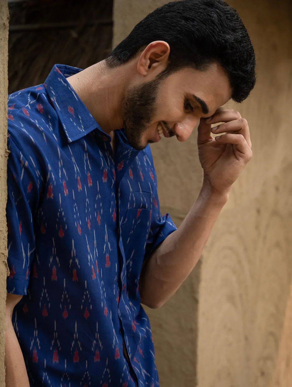 Ikat Hand Woven Soft Cotton Shirt - Blue Arrows