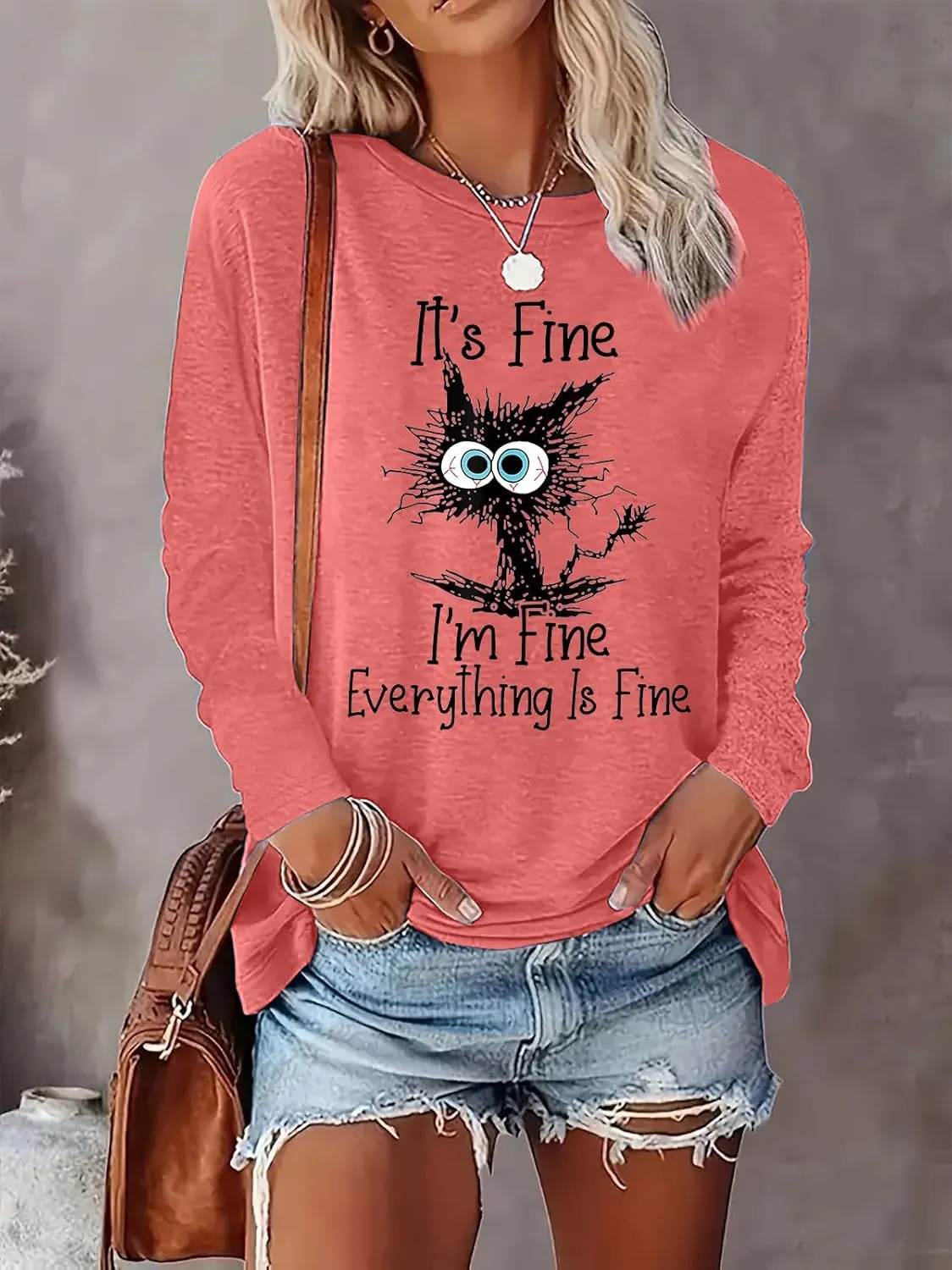 It's Fine I'm Fine Everything is Fine Funny Cat Printed T-Shirt for Women Long Sleeve