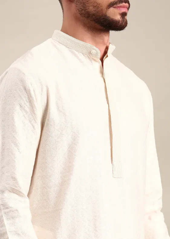 Ivory Silk Cotton Jaquard Kurta Set