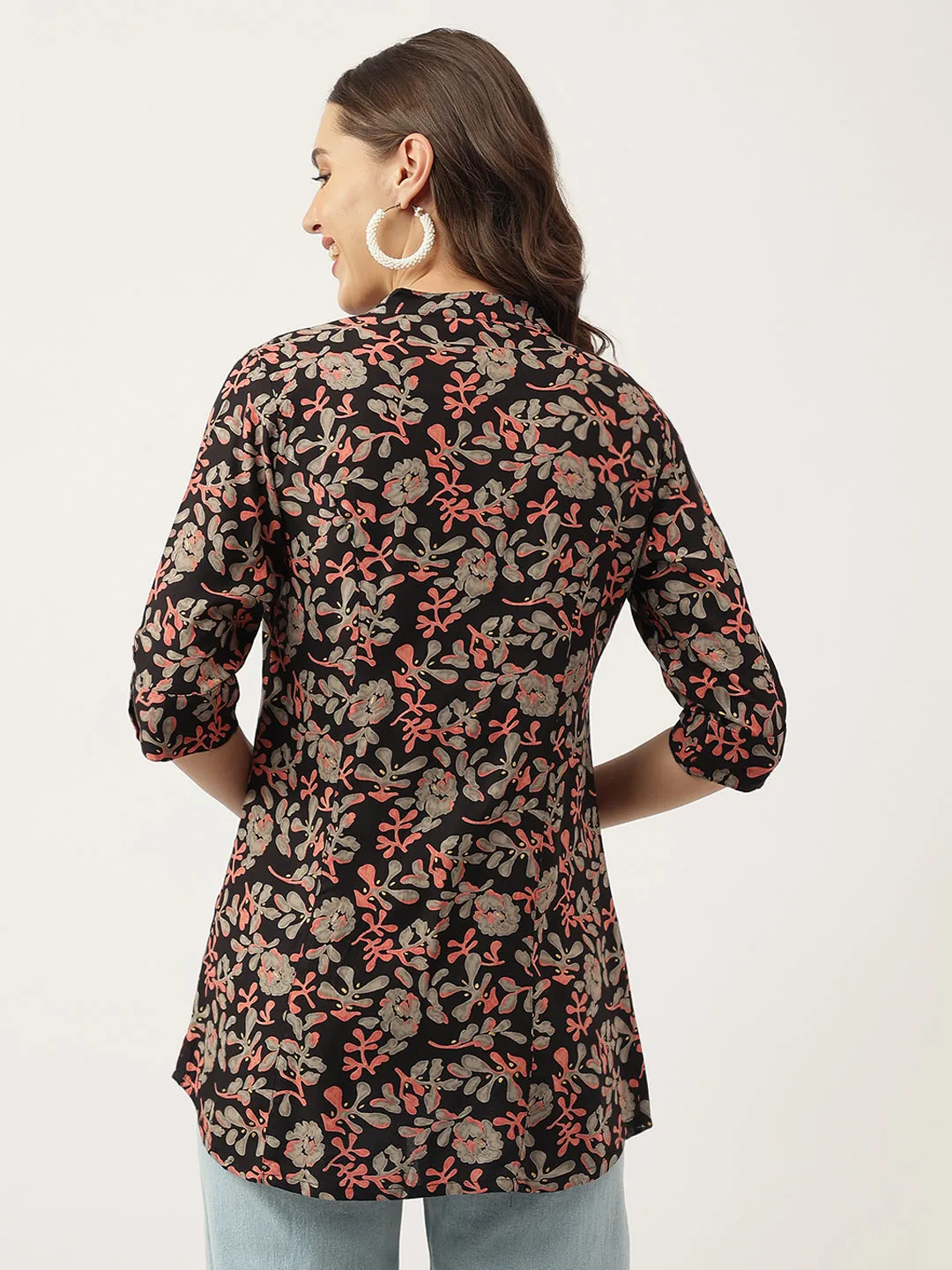 Jashvi Black Floral Printed Rayon Shirt Style Top