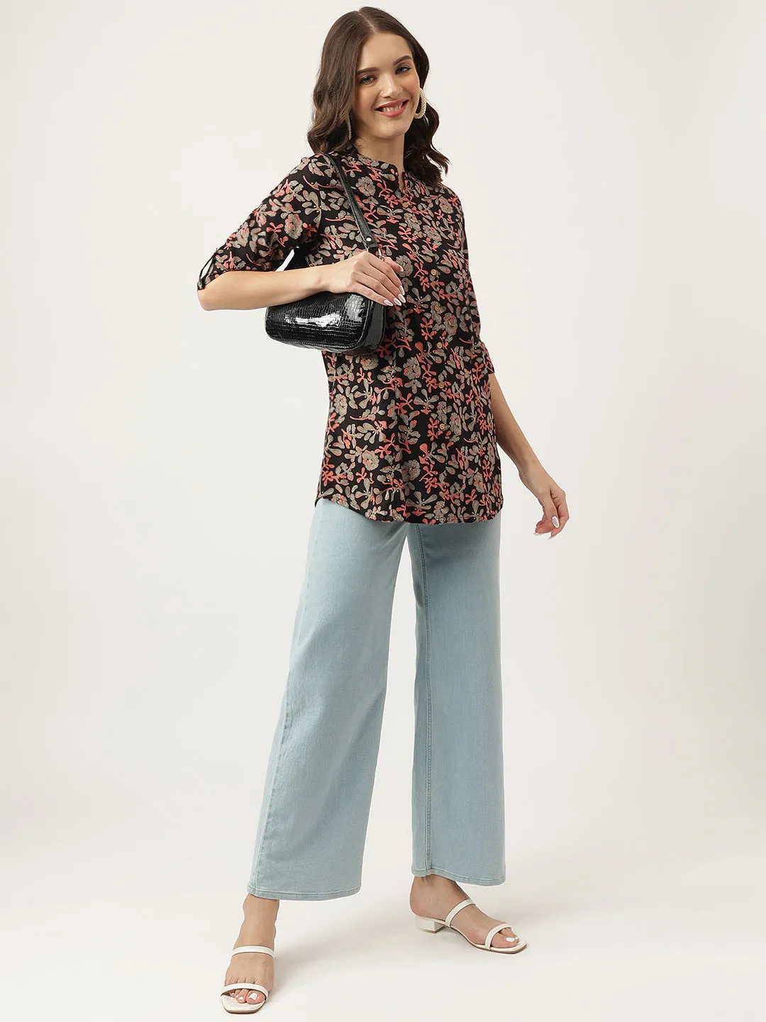 Jashvi Black Floral Printed Rayon Shirt Style Top