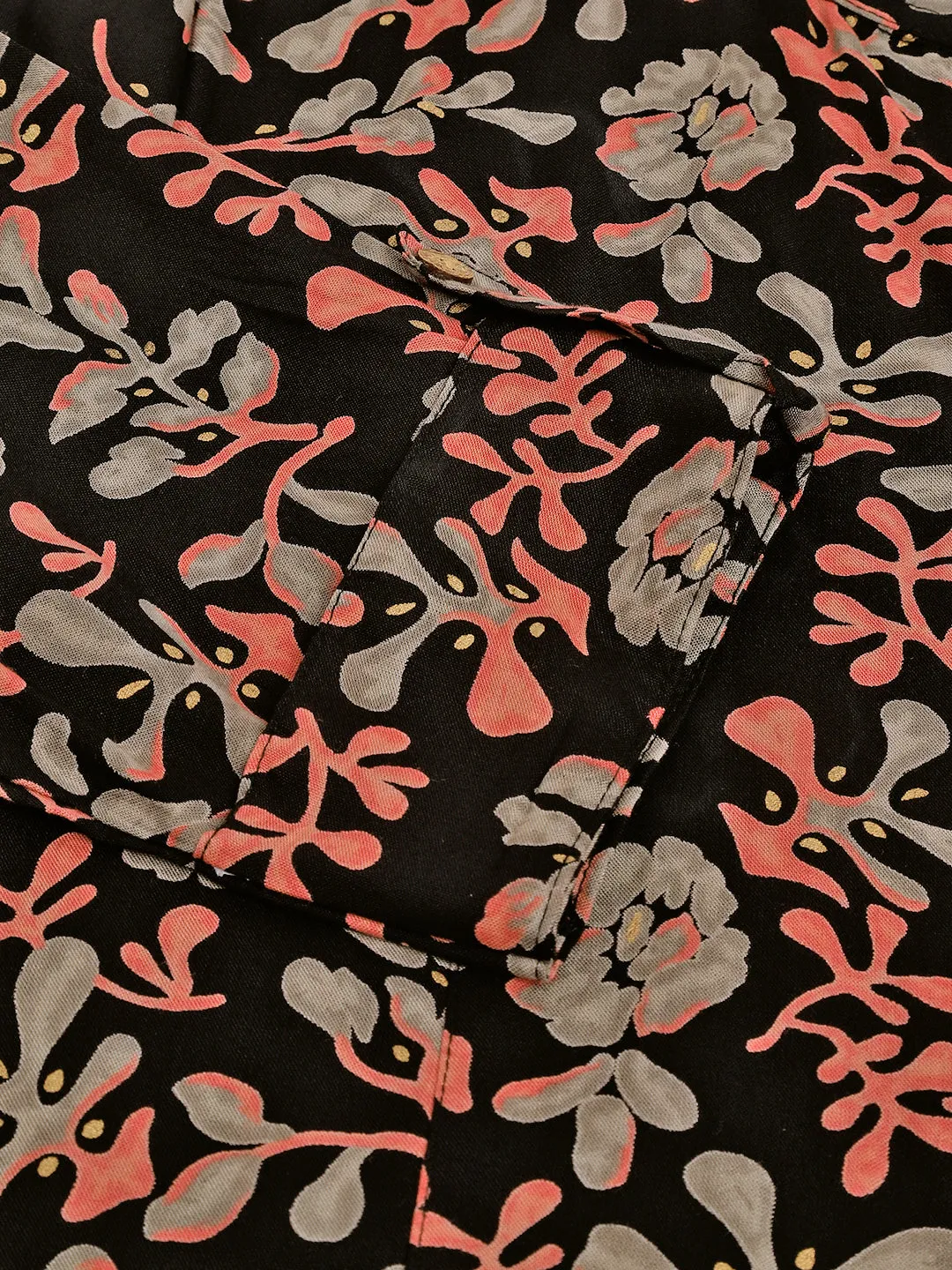 Jashvi Black Floral Printed Rayon Shirt Style Top