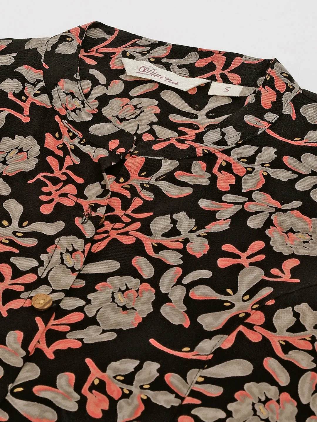 Jashvi Black Floral Printed Rayon Shirt Style Top