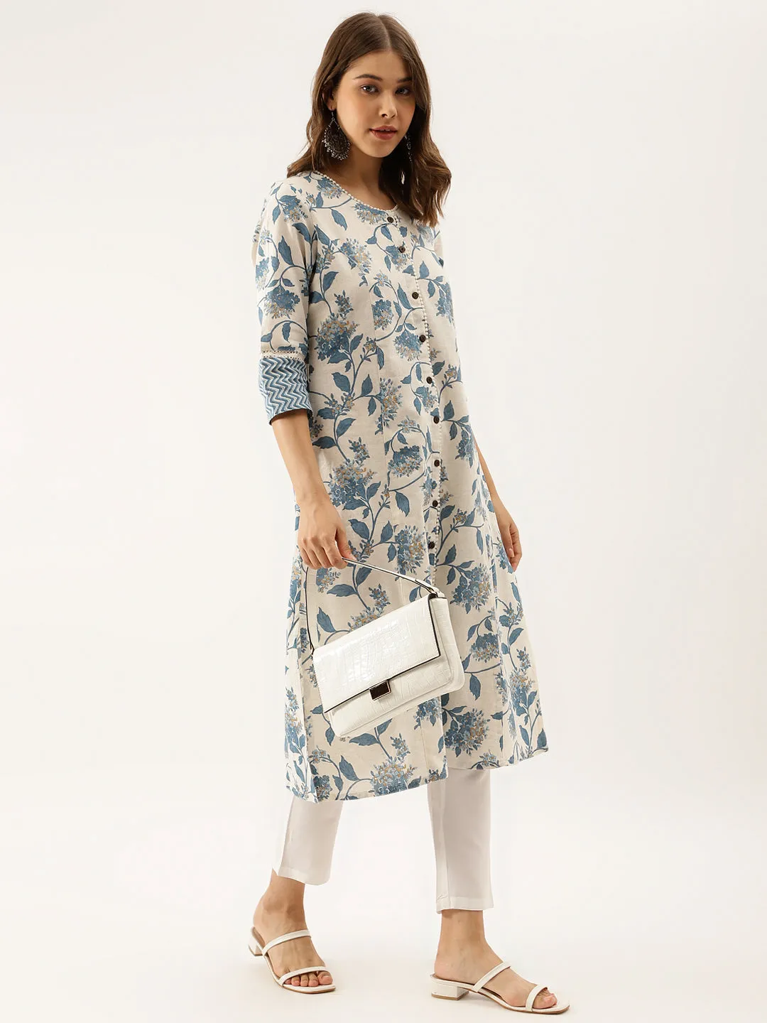 Jashvi Blue Floral Printed A-line Kurta