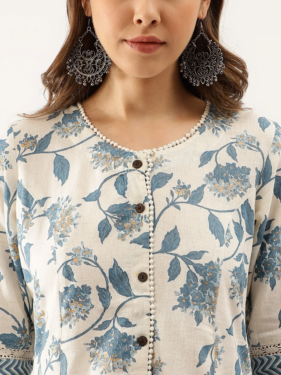 Jashvi Blue Floral Printed A-line Kurta