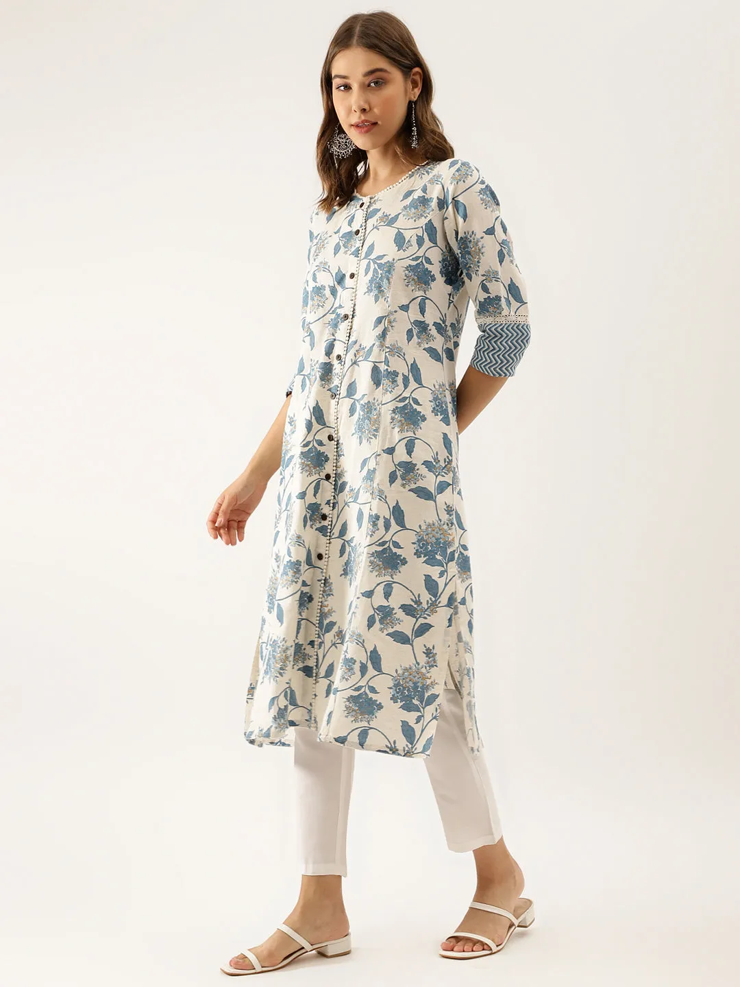 Jashvi Blue Floral Printed A-line Kurta
