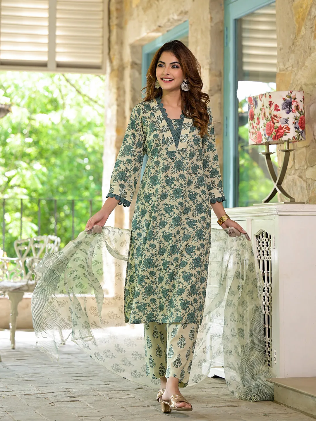 Jashvi Bottle Green Floral Print Cotton Kurta Set for Women